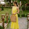 Bright Yellow Linen Midi Dress – Cut-Out Waist, Back Button Closure & Tiered Hem