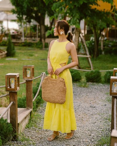 Bright Yellow Linen Midi Dress – Cut-Out Waist, Back Button Closure & Tiered Hem