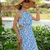Bluebird Escape – Printed Linen Cut-Out Dress for Women