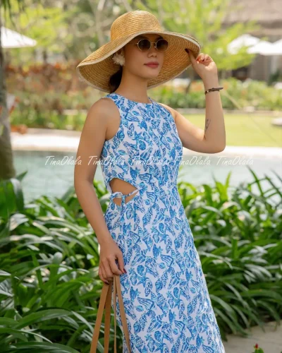 Bluebird Escape – Printed Linen Cut-Out Dress for Women