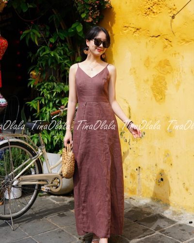 Cocoa Lane – Brown Linen Maxi Dress for Women