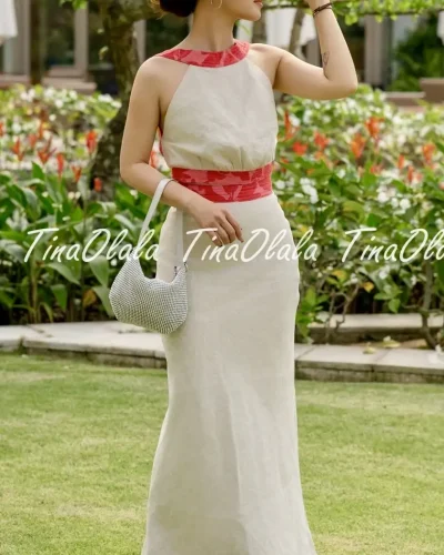 Crimson Accent Linen Set – Open-Back Two-Piece Summer Outfit for Women