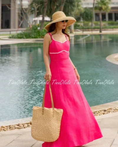 Fuchsia Pink Linen Maxi Dress – Feminine Summer Style with Back Zipper