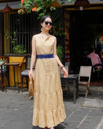 Golden Sands – Linen Tiered Maxi Dress with Contrast Belt