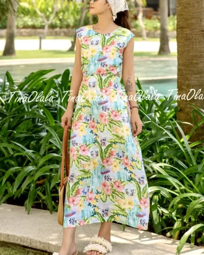 Island Bloom – Tropical Print Linen Dress for Women