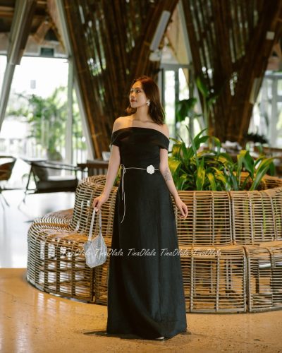 Midnight Bloom – Off-Shoulder Linen Dress for Women