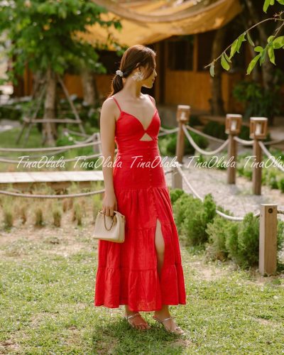 Sunset Bloom – Red Tiered Linen Dress for Women